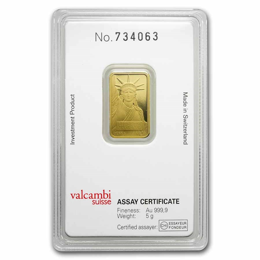 5 gram Gold Bar - Credit Suisse Statue of Liberty (New Assay)