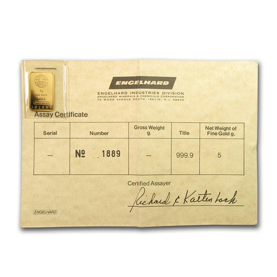 Buy 5 gram Gold Bar Engelhard (w/Vintage Assay Certificate) APMEX