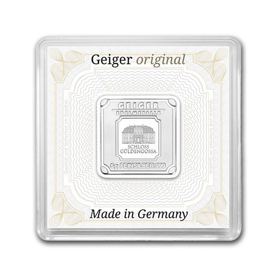 5 gram Silver Square - Geiger Edelmetalle (Encapsulated w/Assay)