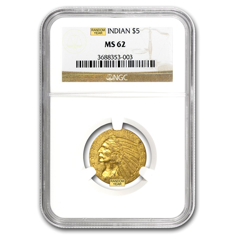 $5 Indian Gold Half Eagle MS-62 NGC (Random Year)