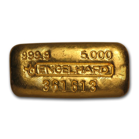 5 oz Gold Bar - Engelhard (Poured/Loaf-Style, Bull Logo) 5 oz Gold Bar - Engelhard (Poured/Loaf-Style, Bull Logo)