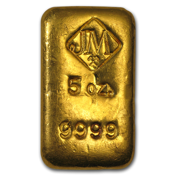 5 oz Gold Bar - Johnson Matthey (Poured, Loaf-Style) 5 oz Gold Bar - Johnson Matthey (Poured, Loaf-Style)