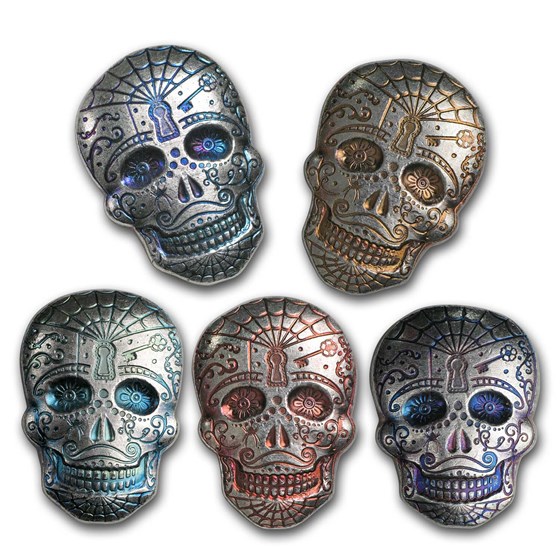 5 oz Hand Poured Silver Skull - Day of the Dead: Spiderweb 5 oz Hand Poured Silver Skull - Day of the Dead: Spiderweb