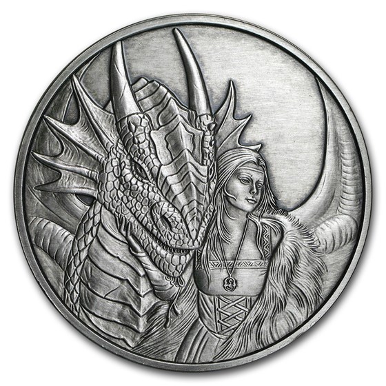 5 oz Silver Antique Round - Anne Stokes Dragons: Friend or Foe 5 oz Silver Antique Round - Anne Stokes Dragons: Friend or Foe