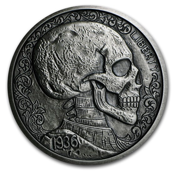 5 oz Silver Antique Round - Hobo Nickel (Skulls & Scrolls) 5 oz Silver Antique Round - Hobo Nickel (Skulls & Scrolls)
