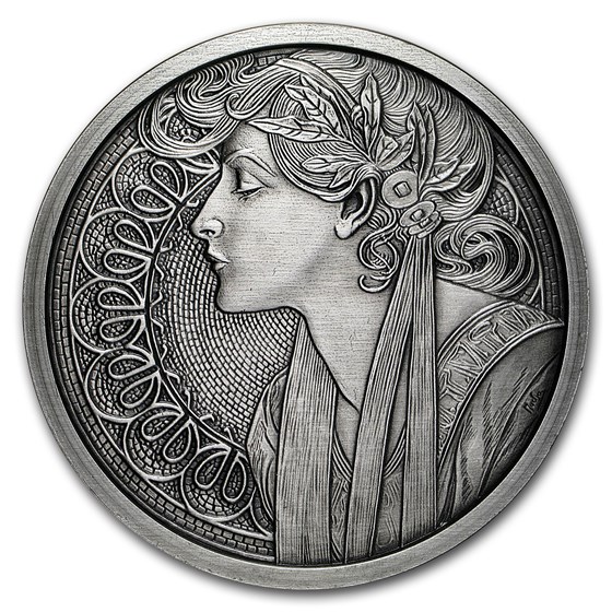 5 oz Silver Antique Round - Mucha Series (Laurel) 5 oz Silver Antique Round - Mucha Series (Laurel)