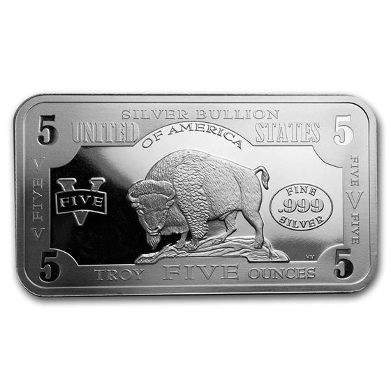 5 oz Silver Bar - 1901 $10 Bison Note 5 oz Silver Bar - 1901 $10 Bison Note