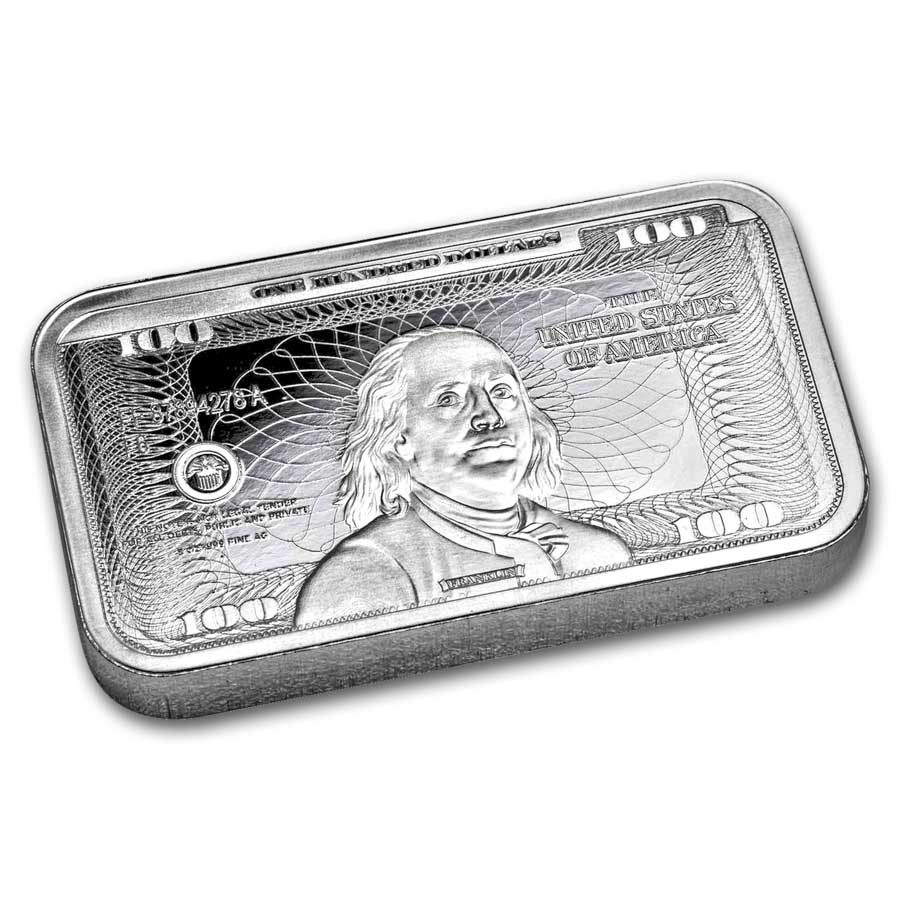 Buy 5 oz Silver Bar – Ben Franklin $100 Bill Design | APMEX Buy 5 oz Silver Bar – Ben Franklin $100 Bill Design | APMEX
