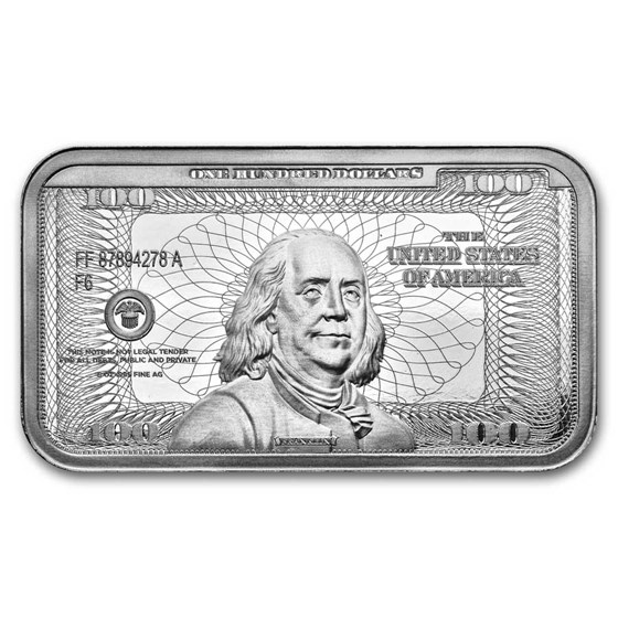 5 oz Silver Bar – Ben Franklin $100 Bill Design 5 oz Silver Bar – Ben Franklin $100 Bill Design
