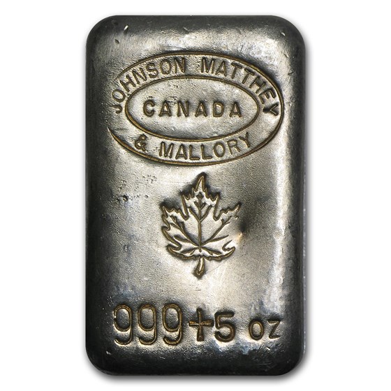 5 oz Silver Bar - Johnson Matthey & Mallory (Maple Leaf) 5 oz Silver Bar - Johnson Matthey & Mallory (Maple Leaf)