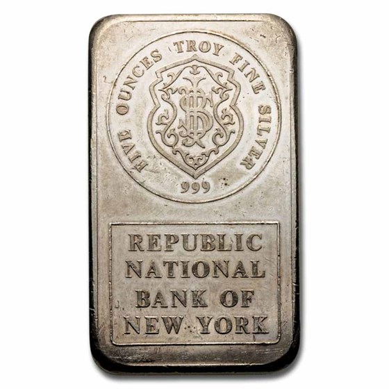 5 oz Silver Bar - Johnson Matthey (Republic National Bank of NY) 5 oz Silver Bar - Johnson Matthey (Republic National Bank of NY)