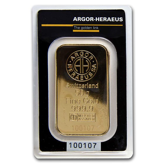 50 gram Gold Bar - Argor-Heraeus KineBar Design (In Assay)