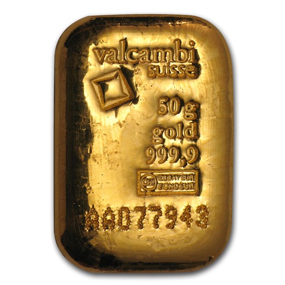 50 gram Gold Bar - Valcambi (Cast/Poured w/Assay) 50 gram Gold Bar - Valcambi (Cast/Poured w/Assay)