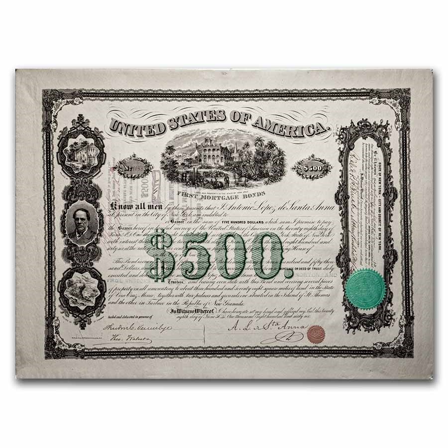 $500 Bond - Antonio Lopez de Santa Anna (Autographed - 1866)