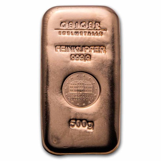 500 gram Copper Bar - Geiger (Poured, .9999 Fine) 500 gram Copper Bar - Geiger (Poured, .9999 Fine)