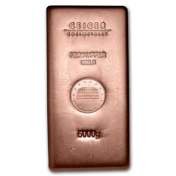 5000 gram Copper Bar - Geiger (Poured, .9999 Fine) 5000 gram Copper Bar - Geiger (Poured, .9999 Fine)