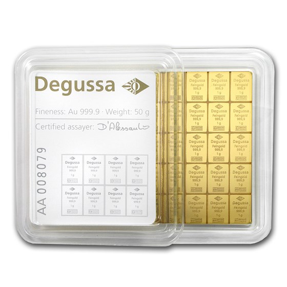 50x 1 gram Gold CombiBar™ - Degussa (w/ White Assay Card)