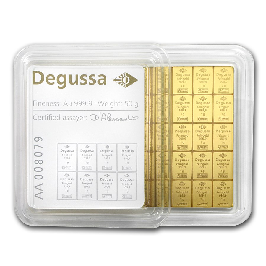 50x 1 gram Gold CombiBar™ - Degussa (w/ White Assay Card)
