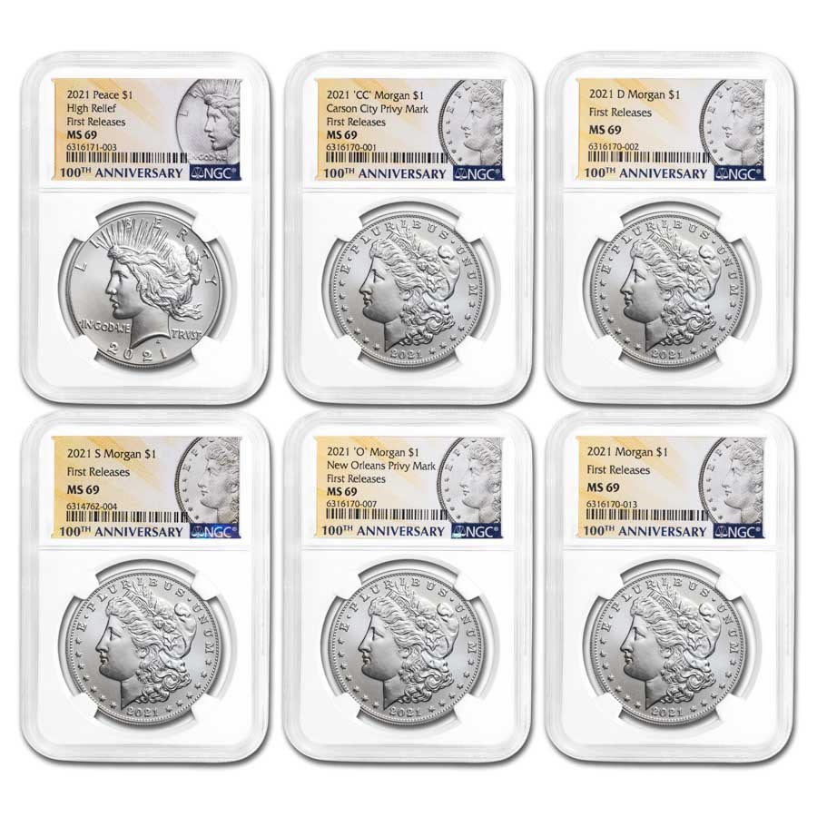 6-Coin 2021 Morgan/Peace Dollar Set MS-69 NGC (ER)