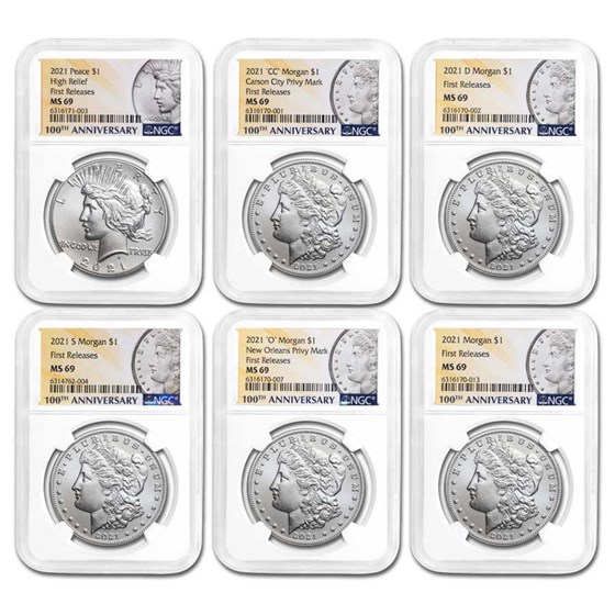 6-Coin 2021 Morgan/Peace Dollar Set MS-69 NGC (ER) 6-Coin 2021 Morgan/Peace Dollar Set MS-69 NGC (ER)
