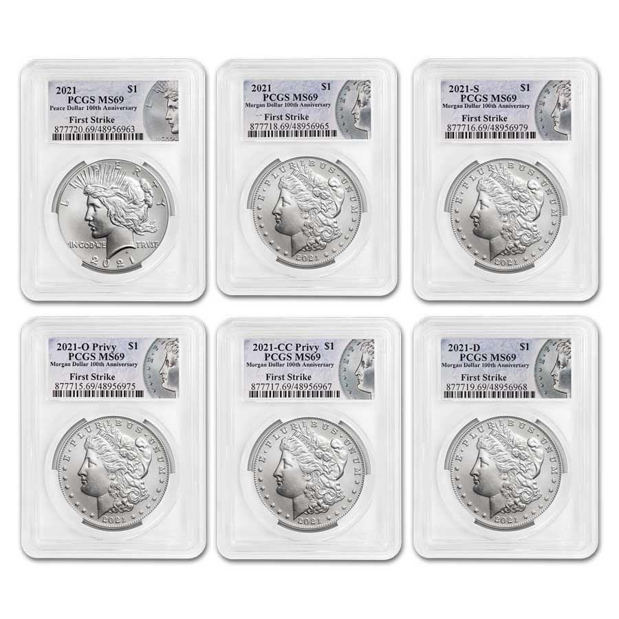 6-Coin 2021 Morgan/Peace Dollar Set MS-69 PCGS (FS)