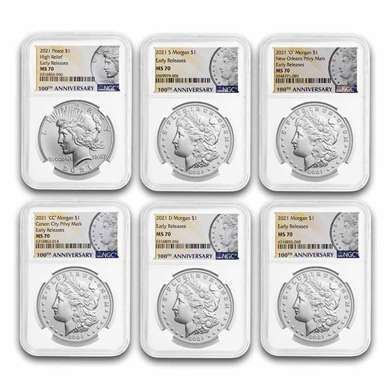 6-Coin 2021 Morgan/Peace Dollar Set MS-70 NGC (ER)