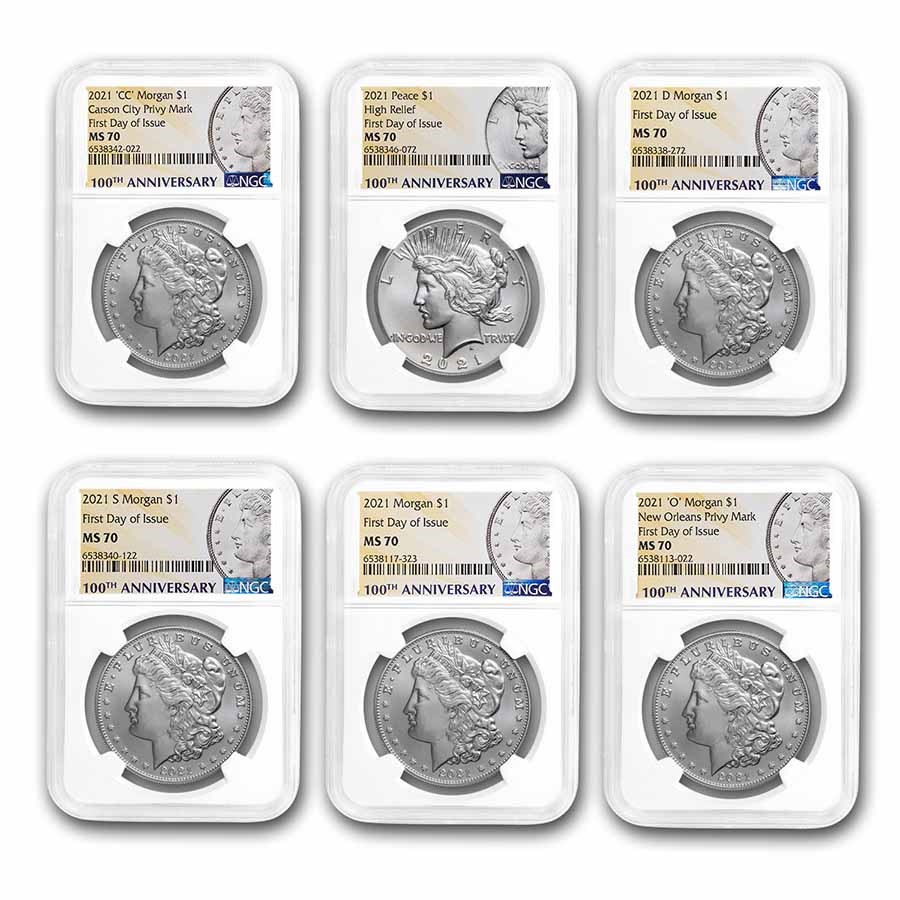 6-Coin 2021 Morgan/Peace Dollar Set MS-70 NGC (First Day)