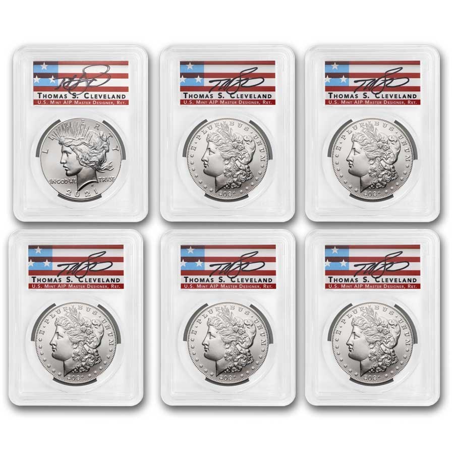 6-Coin 2021 Morgan/Peace Dollar Set MS-70 PCGS (AR, Cleveland)
