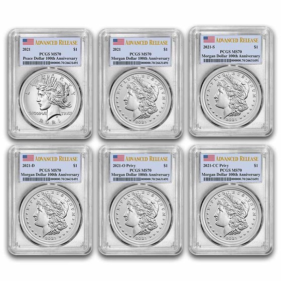 6-Coin 2021 Morgan/Peace Dollar Set MS-70 PCGS (AR) 6-Coin 2021 Morgan/Peace Dollar Set MS-70 PCGS (AR)