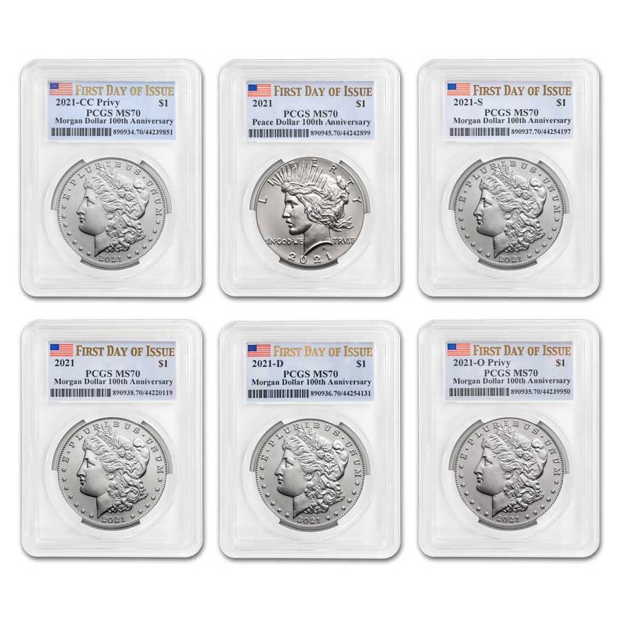 6-Coin 2021 Morgan/Peace Dollar Set MS-70 PCGS (First Day, Flag)