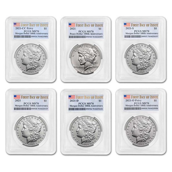 6-Coin 2021 Morgan/Peace Dollar Set MS-70 PCGS (First Day, Flag) 6-Coin 2021 Morgan/Peace Dollar Set MS-70 PCGS (First Day, Flag)
