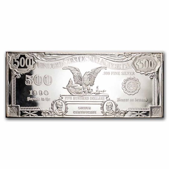 8 oz Silver Bar - Banknote Replica (Random Motifs) 8 oz Silver Bar - Banknote Replica (Random Motifs)