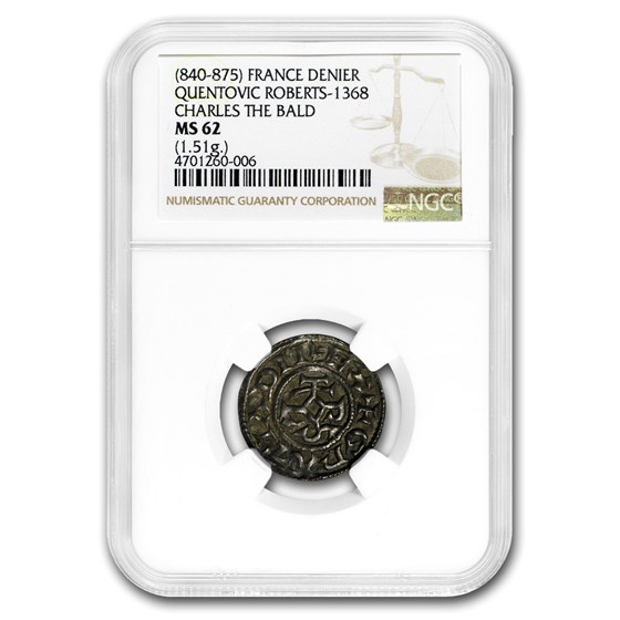 840-875 France Silver Denier Charles the Bald MS-62 NGC 840-875 France Silver Denier Charles the Bald MS-62 NGC
