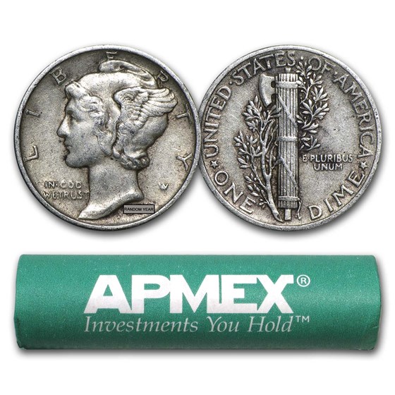 90% Silver Mercury Dime 50-Coin Roll XF