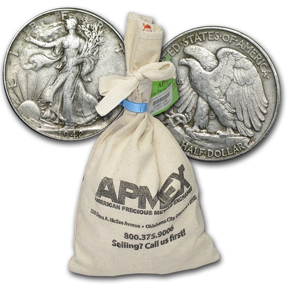 90% Silver Walking Liberty Half-Dollars $100 Face Value Bag XF