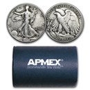 90% Silver Walking Liberty Halves \$10 20-Coin Roll Avg Circ