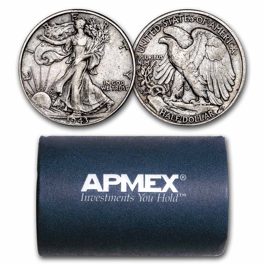 90% Silver Walking Liberty Halves $10 20-Coin Roll XF