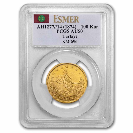 AH 1277//14 (1874) Turkey Gold 100 Kurush AU-50 PCGS AH 1277//14 (1874) Turkey Gold 100 Kurush AU-50 PCGS