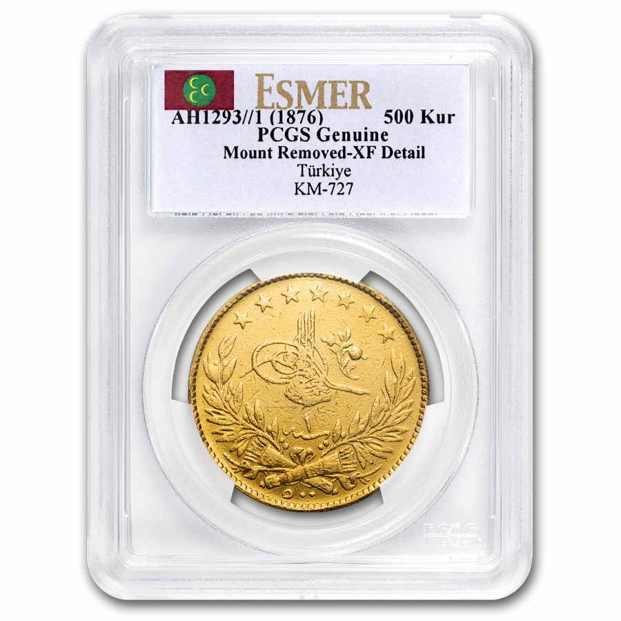 AH 1293//1 (1876) Turkey Gold 500 Kurush XF Details PCGS
