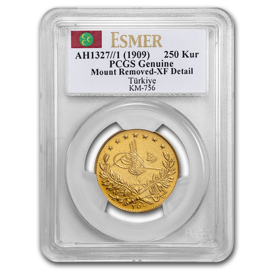 AH 1327/1 (1909) Turkey Gold 250 Kurush XF Details PCGS