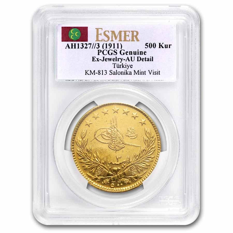 AH 1327//3 (1911) Turkey Gold 500 Kurush AU Details PCGS Rare