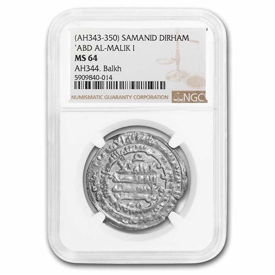 AH 343-350 Samanid Dynasty AR Dirham Abd Al-Malik I MS-64 NGC AH 343-350 Samanid Dynasty AR Dirham Abd Al-Malik I MS-64 NGC