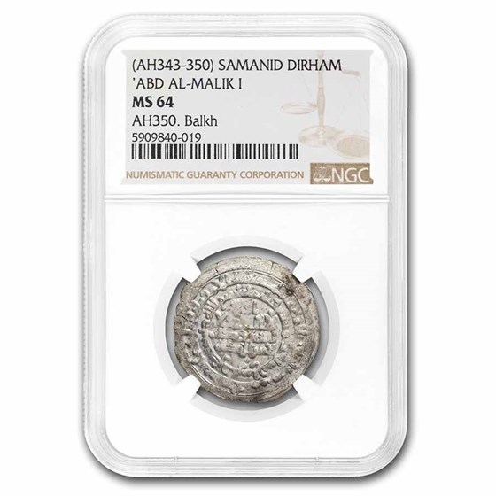 AH 343-350 Samanid Dynasty AR Dirham Abd Al-Malik I MS-64 NGC