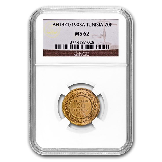 AH1321/1903 Tunisia Gold 20 Francs MS-62 NGC AH1321/1903 Tunisia Gold 20 Francs MS-62 NGC
