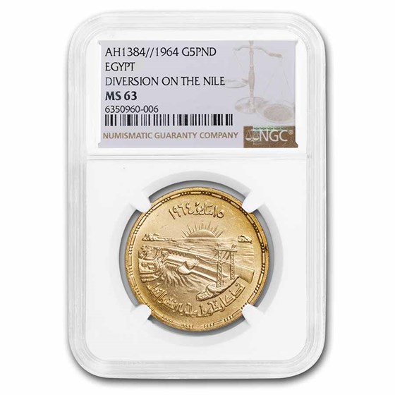 AH1384//1964 Egypt Gold 5 Pounds Diversion of the Nile MS-63 NGC AH1384//1964 Egypt Gold 5 Pounds Diversion of the Nile MS-63 NGC