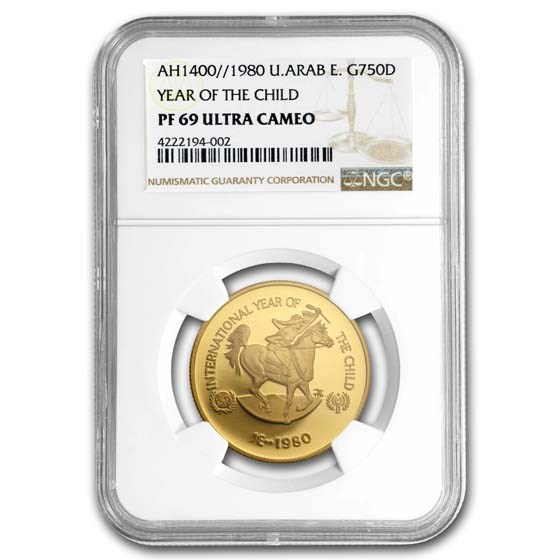 AH1400/1980 U.A.E. Gold 750 Dirhams PF-69 NGC (UCAM) AH1400/1980 U.A.E. Gold 750 Dirhams PF-69 NGC (UCAM)