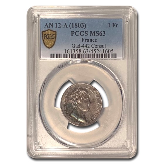 AN 12-A (1803) France Silver 1 Franc MS-63 PCGS AN 12-A (1803) France Silver 1 Franc MS-63 PCGS