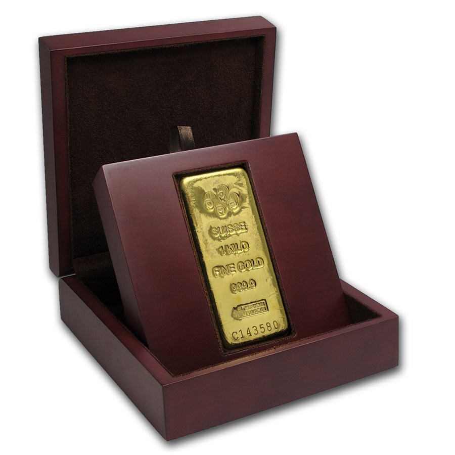 APMEX Wood Gift Box - 1 kilo PAMP Suisse Gold Bar (Cast)