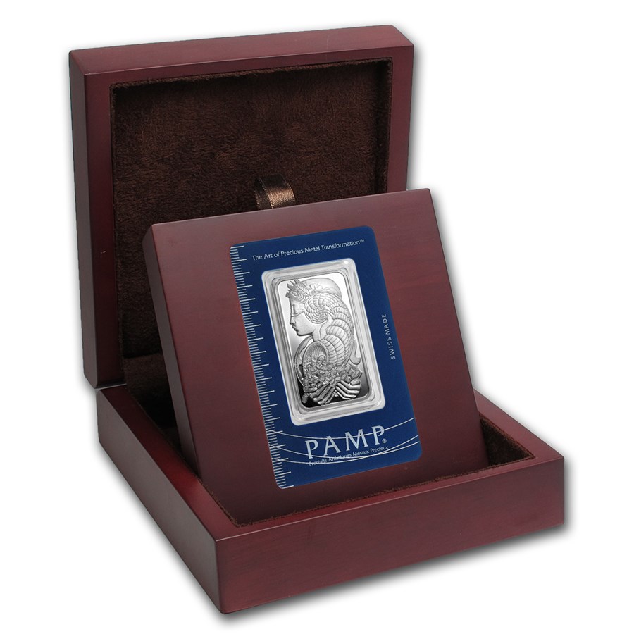 APMEX Wood Gift Box - 1 oz PAMP Suisse Silver Bar (w/Assay)