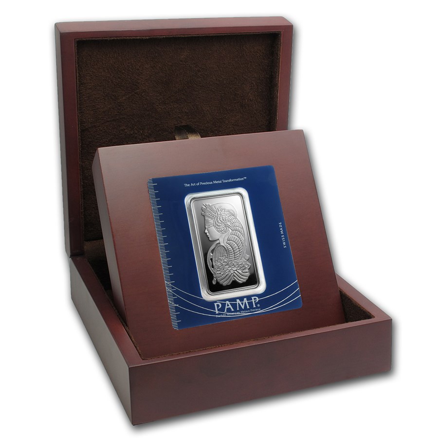 APMEX Wood Gift Box - 100 Gram PAMP Suisse Silver Bar (w/Assay)